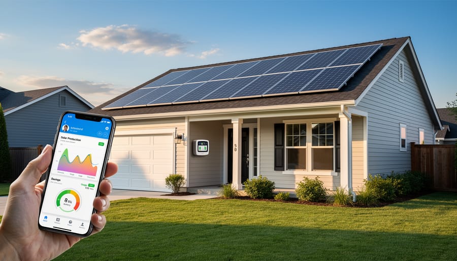 Aerial view of residential home with solar panel installation on roof