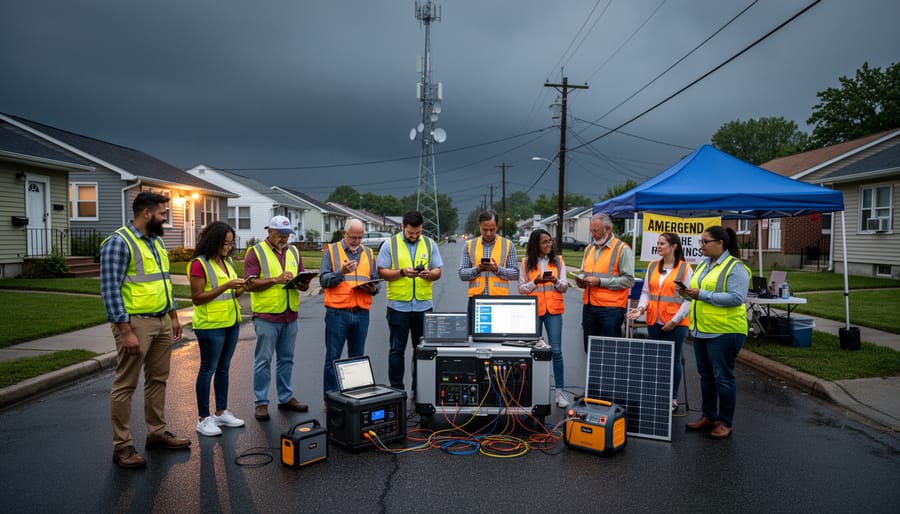 Neighbors gathered on residential street with solar panels visible on rooftops