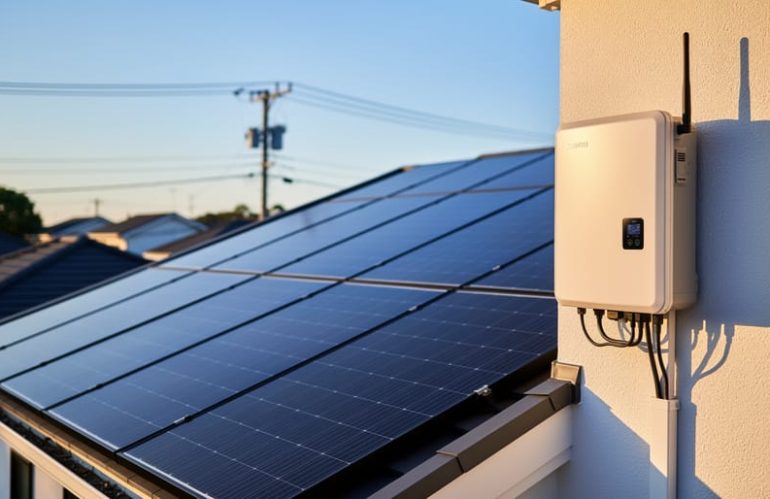 Residential rooftop with blue-black solar panels and a wall-mounted smart inverter in warm evening light, with softly blurred utility pole and power lines in the background