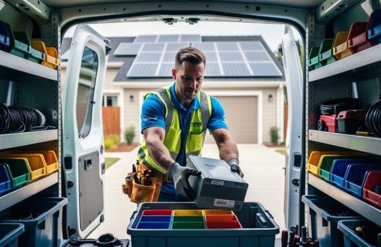 Solar technician retrieving a replacement inverter from an organized service van, with a house featuring rooftop solar panels blurred in the background in natural daylight