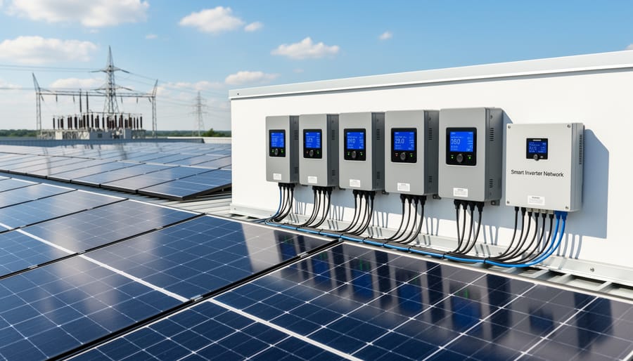Residential solar panel array on rooftop with smart inverter equipment visible