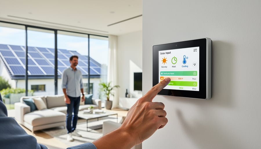 Hand adjusting smart thermostat in modern home interior