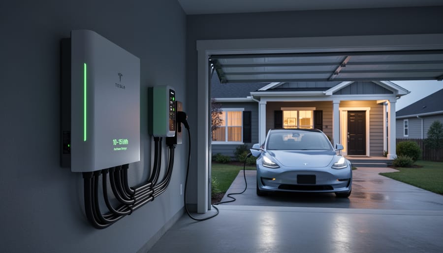 Home battery backup system mounted on residential garage wall