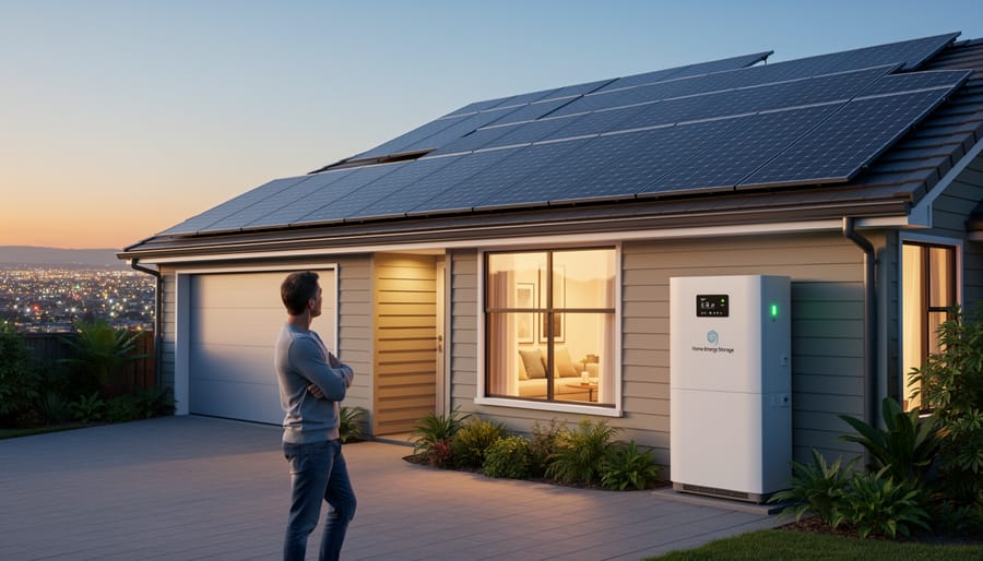 Suburban home with solar panels and battery storage system at twilight