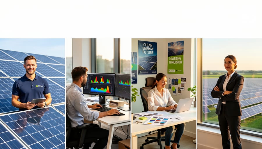 Team of solar industry professionals collaborating in modern office environment