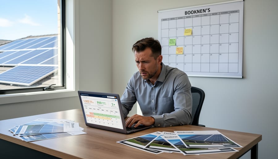 Solar business owner reviewing empty calendar on laptop at desk