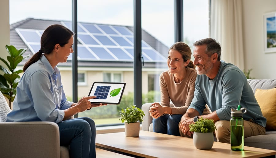 Content creator working on educational solar article at desk with laptop