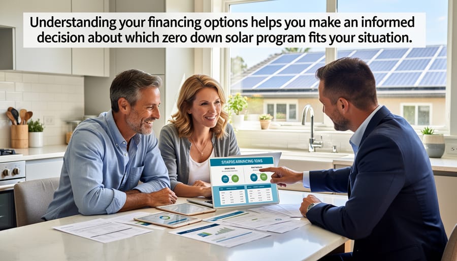 Homeowner signing solar financing contract with house keys and calculator on table