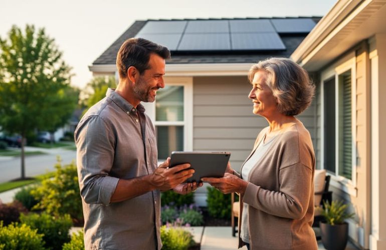 Solar door-to-door consultant presenting a tablet to a homeowner on a front porch, with a sunlit house roof and subtle solar panels in the background, photographed at eye level during golden hour.