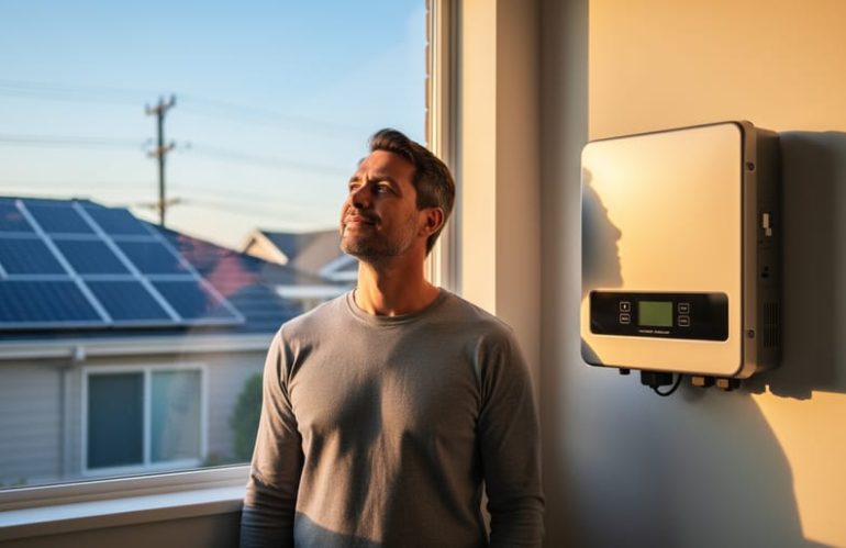 Homeowner beside a wall-mounted solar inverter with a blank display, gazing toward sunlit rooftop solar panels on a clear afternoon; subtle power lines and neighboring homes blurred in the background, conveying system downtime despite sunshine and the need for financial protection.