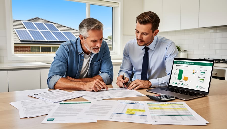 Solar installer reviewing warranty documents and financial calculations