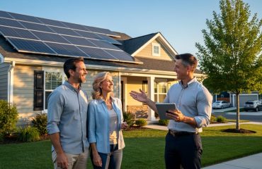 Solar consultant holding a tablet talks with a homeowner couple in front of a suburban house featuring rooftop solar panels at golden hour, with clear detail on both people and the array.