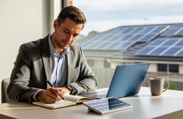 Solar marketing specialist writing at a desk beside a window, with a softly blurred view of multiple suburban houses featuring rooftop solar panels in the background.