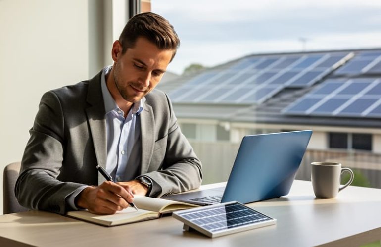 Solar marketing specialist writing at a desk beside a window, with a softly blurred view of multiple suburban houses featuring rooftop solar panels in the background.