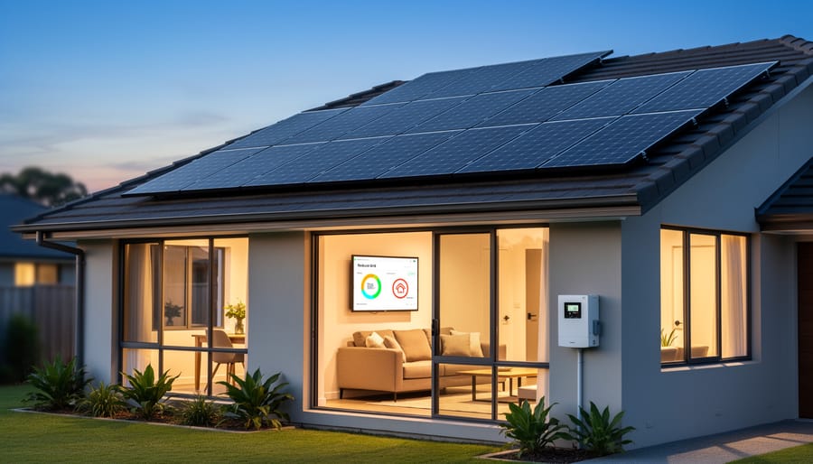 Modern home with solar panels on roof at dusk with lights on inside