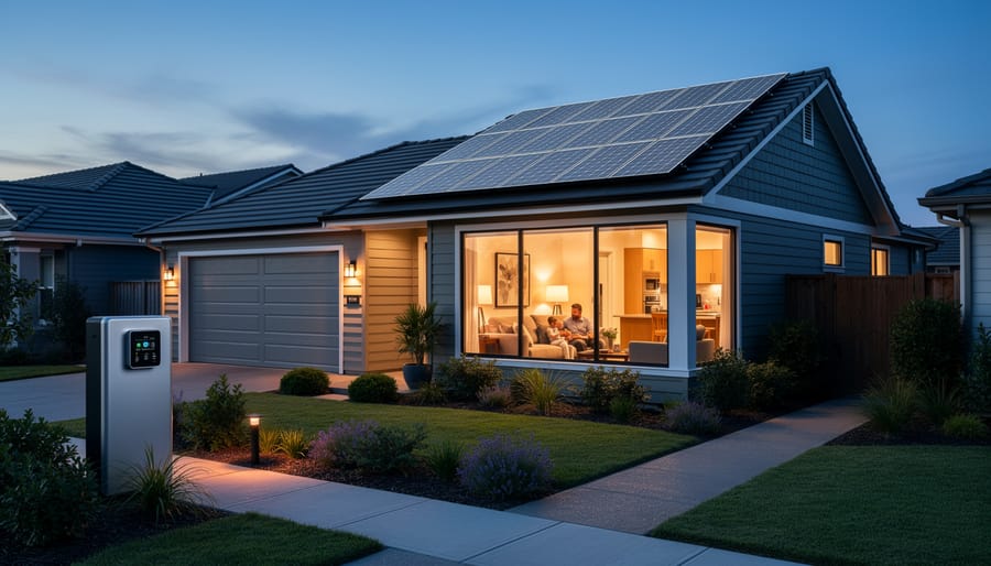 Suburban home with solar panels illuminated at dusk with lights on inside