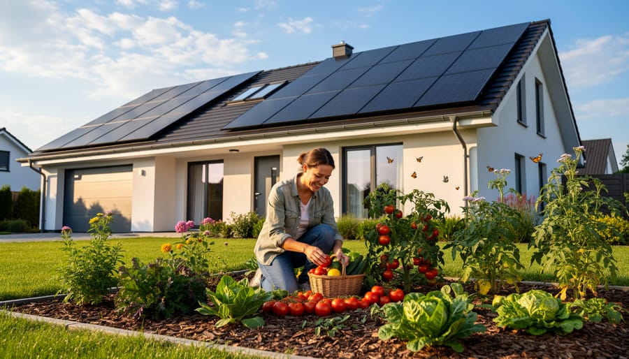 Modern home with solar panels and healthy garden demonstrating sustainable wellness lifestyle