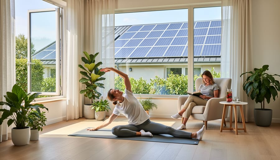 Woman practicing yoga in bright solar-powered home with natural lighting