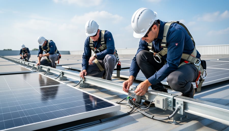 Solar technician inspecting solar panel components and hardware during installation