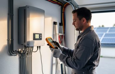 Technician using a handheld meter to inspect a wall-mounted residential solar inverter in a tidy garage, with clear ventilation space and faint rooftop panels visible through an open door, lit by soft natural daylight.