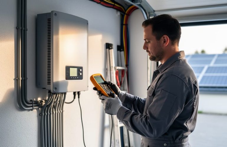 Technician using a handheld meter to inspect a wall-mounted residential solar inverter in a tidy garage, with clear ventilation space and faint rooftop panels visible through an open door, lit by soft natural daylight.