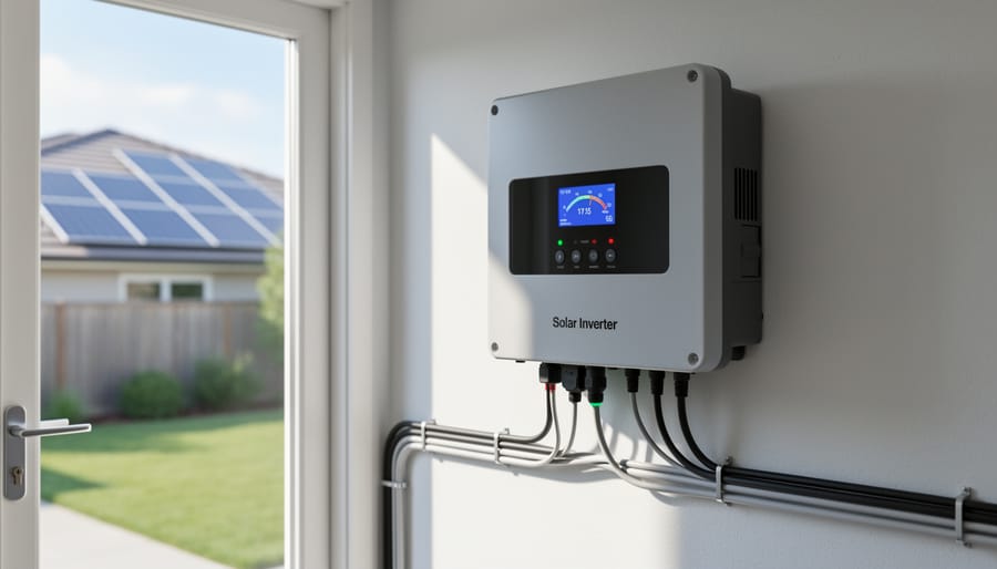 Modern solar inverter unit mounted on home exterior wall with green status indicator lights