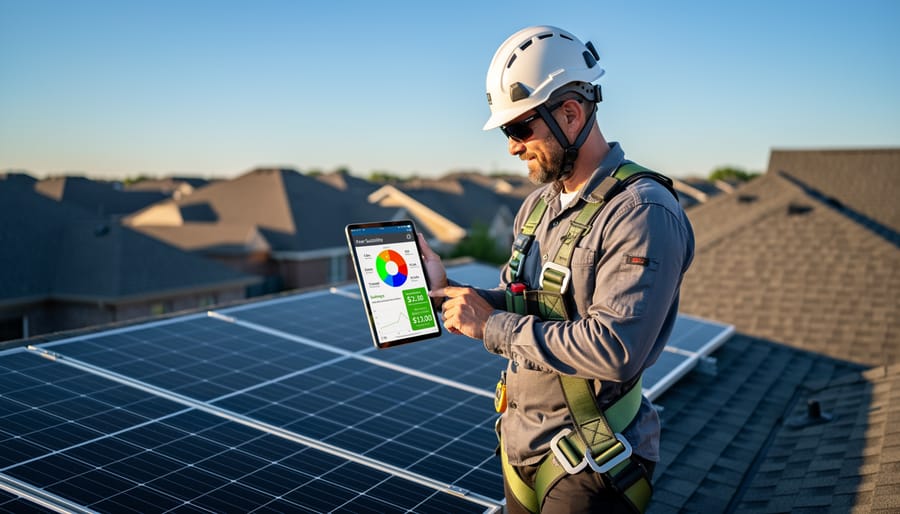 Close-up of smartphone showing solar mapping technology in professional's hands