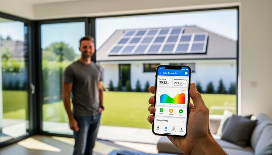 Homeowner using smartphone to monitor home solar energy system