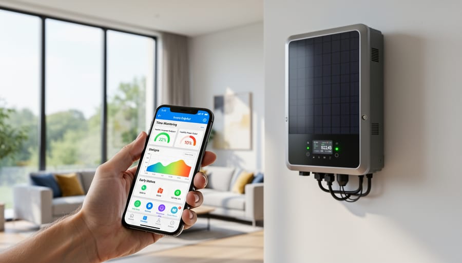 Homeowner using smartphone app to monitor solar inverter performance and system health