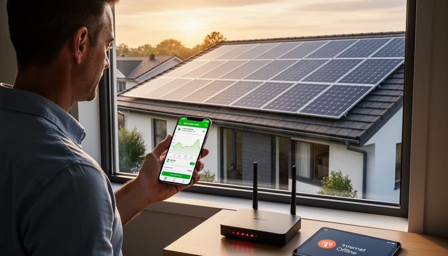 Homeowner monitoring solar system status on smartphone with panels in background