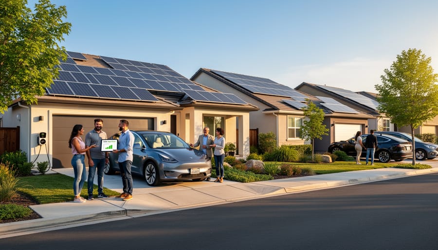 Group of neighbors standing together on residential street with solar panels visible on multiple homes