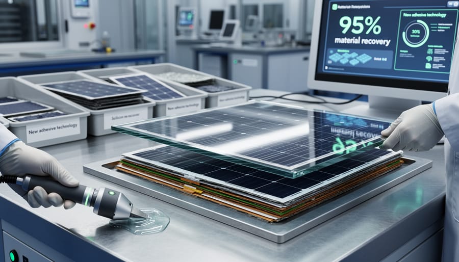 Technician separating layers of solar panel using specialized recycling tools