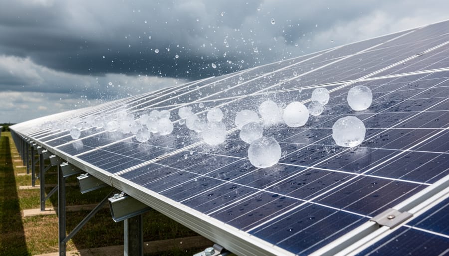 Hailstones on solar panel glass surface demonstrating weather resistance