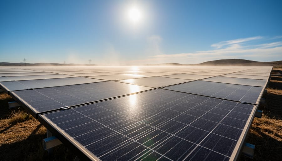 Close-up of solar panel surface showing heat effects during peak sunlight hours
