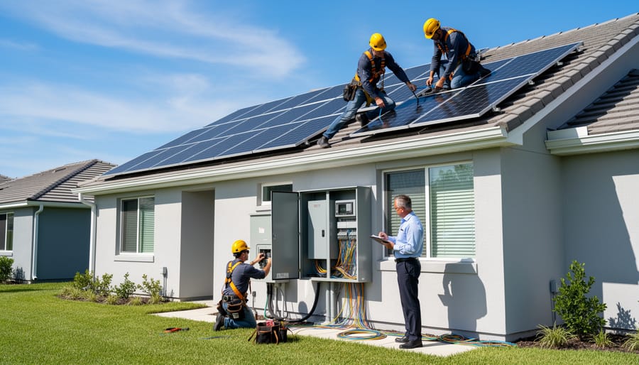 Solar panel installer working on residential roof installation with safety equipment