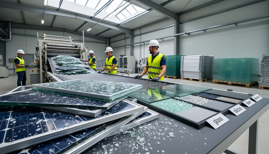 Disassembled solar panel showing separated components including frame, glass, and silicon cells