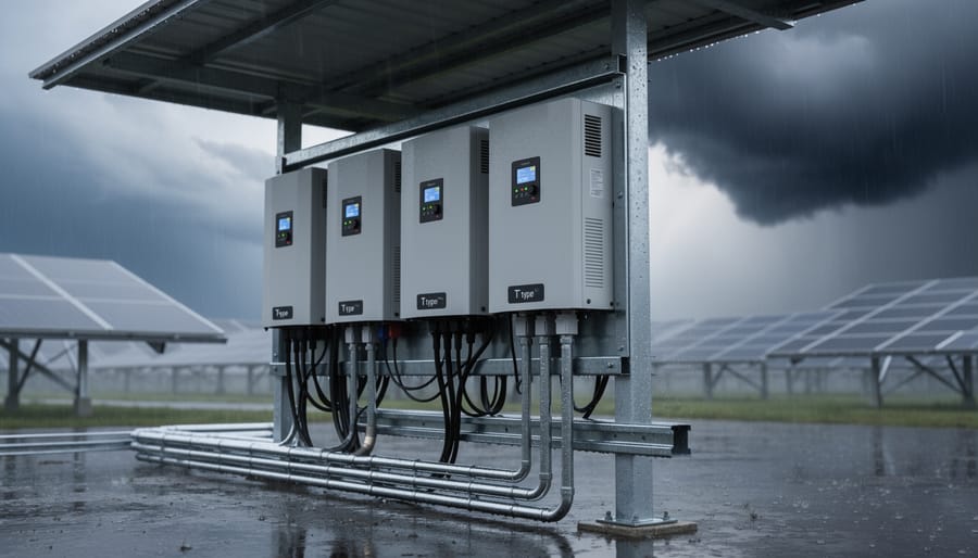 Solar panel installation on residential roof with dramatic weather conditions and clearing storm clouds