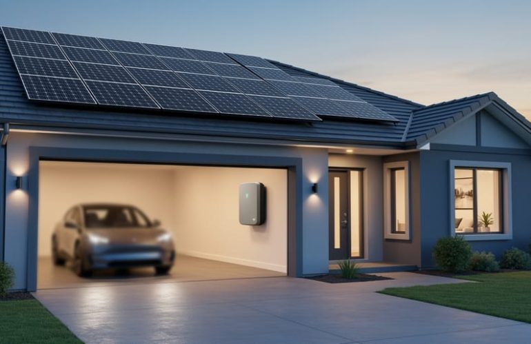 Modern home with rooftop solar panels and a wall-mounted battery in an open garage at twilight, warm interior light showing day-to-night energy storage.