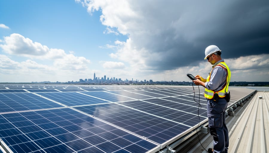 Residential solar panels on rooftop with approaching storm clouds in background