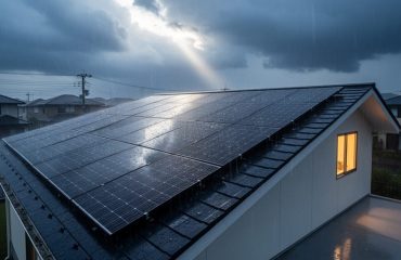 Rain-slick solar panels on a suburban house roof under dark storm clouds, with nearby homes and power lines mostly dark and a faint warm light in one window, suggesting a grid outage.