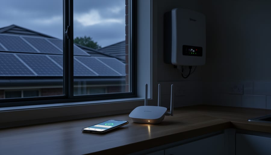 Solar panels on residential rooftop during storm with dark clouds overhead