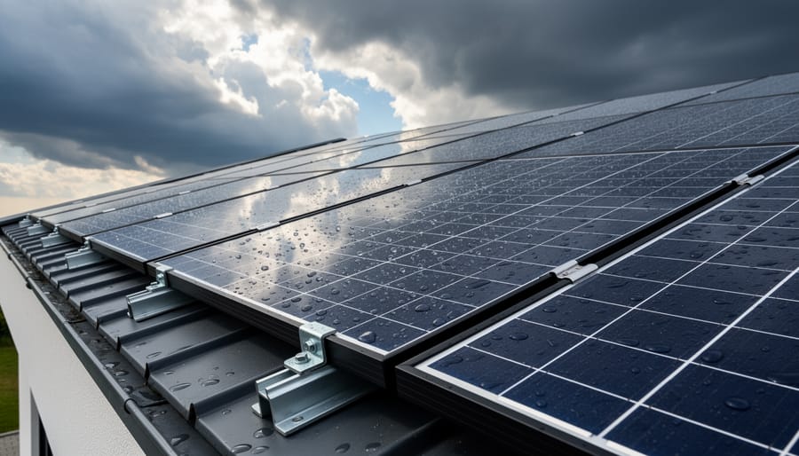 Solar panels on residential roof during stormy weather conditions