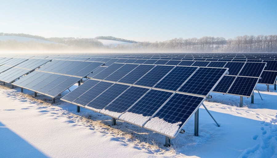 Residential solar panels with snow in winter sunlight on rooftop