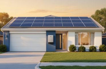 Modern suburban home with rooftop solar panels and a wall-mounted battery system near the garage, photographed at golden hour from eye level with a wide view.