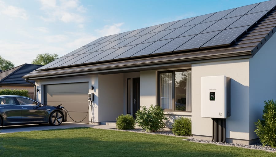 Residential solar panel array with battery storage unit installed on modern home