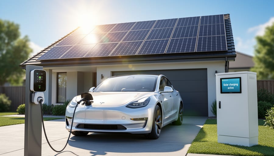 Electric vehicle charging in home garage with solar panels visible outside