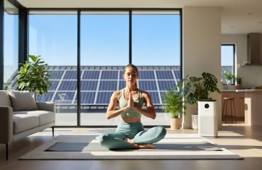 Woman practicing yoga in a bright living room with rooftop solar panels visible through large windows and a small air purifier by the sofa, illustrating a healthy, solar-powered home environment.