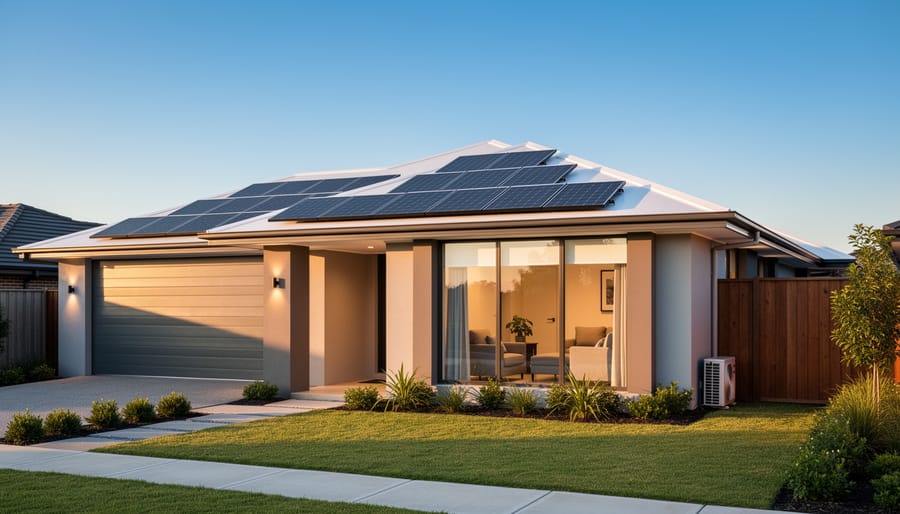 Modern home with solar panels covering the roof in suburban residential setting