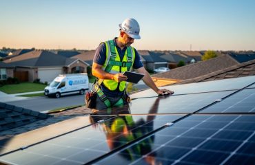 Solar technician on a suburban roof inspecting a residential solar panel array while holding a tablet, golden hour side lighting, with neighborhood homes and a service van softly blurred in the background.
