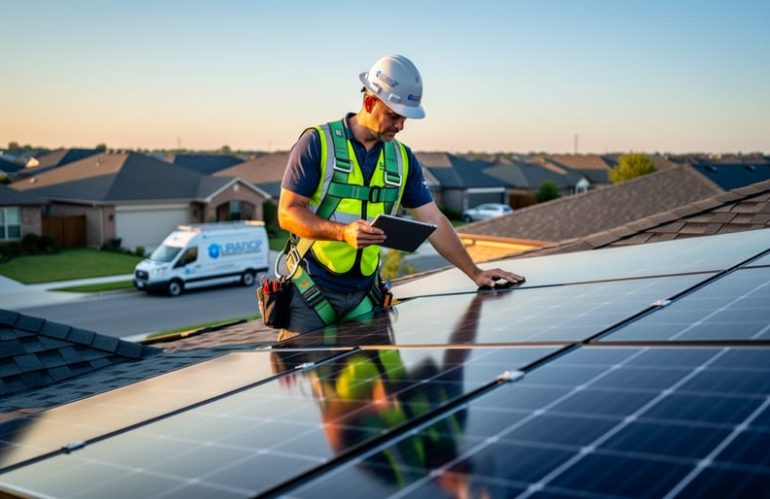 Solar technician on a suburban roof inspecting a residential solar panel array while holding a tablet, golden hour side lighting, with neighborhood homes and a service van softly blurred in the background.